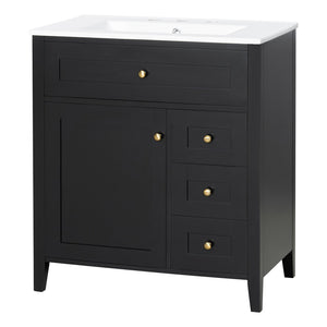 English Elm 30-Inch Freestanding Bathroom Vanity with Ceramic Sink MDF Cabinet and 3 Drawers Black N725P464938B