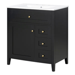 English Elm 30-Inch Freestanding Bathroom Vanity with Ceramic Sink MDF Cabinet and 3 Drawers Black N725P464938B