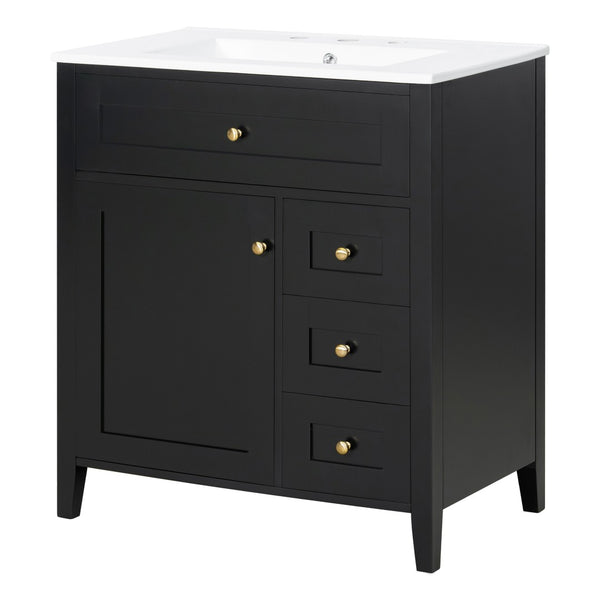 English Elm 30-Inch Freestanding Bathroom Vanity with Ceramic Sink MDF Cabinet and 3 Drawers Black N725P464938B