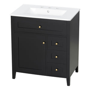 English Elm 30-Inch Freestanding Bathroom Vanity with Ceramic Sink MDF Cabinet and 3 Drawers Black N725P464938B