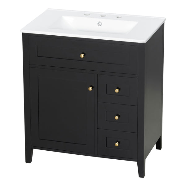 English Elm 30-Inch Freestanding Bathroom Vanity with Ceramic Sink MDF Cabinet and 3 Drawers Black N725P464938B