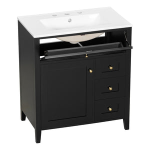 English Elm 30-Inch Freestanding Bathroom Vanity with Ceramic Sink MDF Cabinet and 3 Drawers Black N725P464938B