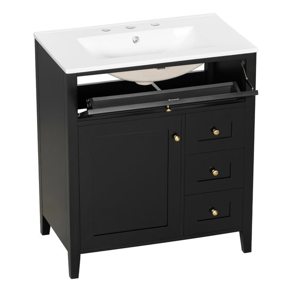 English Elm 30-Inch Freestanding Bathroom Vanity with Ceramic Sink MDF Cabinet and 3 Drawers Black N725P464938B