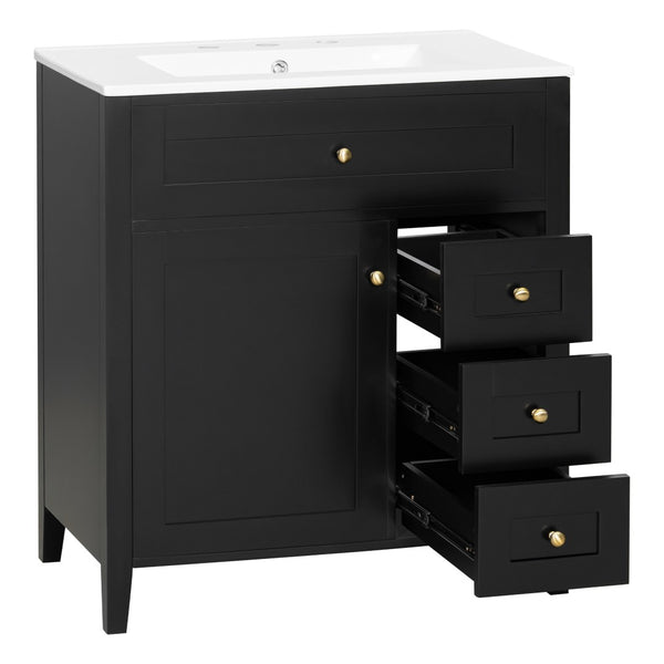 English Elm 30-Inch Freestanding Bathroom Vanity with Ceramic Sink MDF Cabinet and 3 Drawers Black N725P464938B