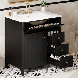 English Elm 30-Inch Freestanding Bathroom Vanity with Ceramic Sink MDF Cabinet and 3 Drawers Black N725P464938B