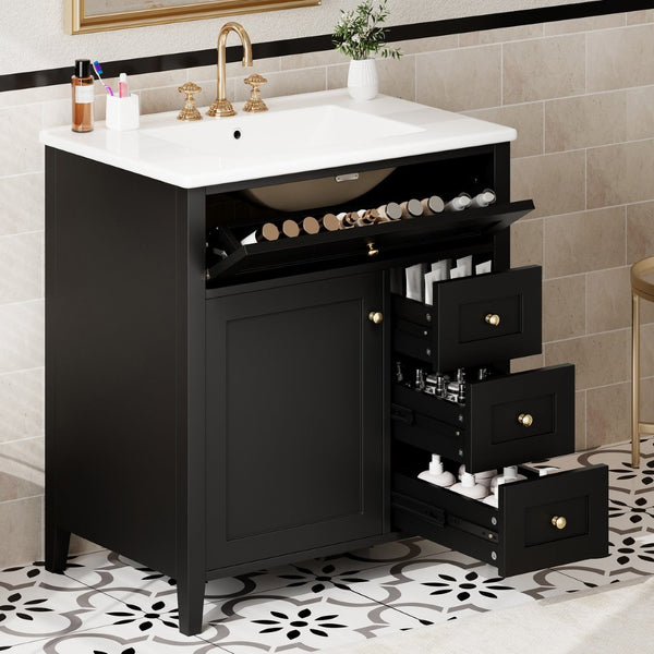 English Elm 30-Inch Freestanding Bathroom Vanity with Ceramic Sink MDF Cabinet and 3 Drawers Black N725P464938B