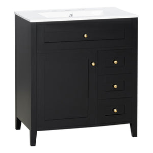 English Elm 30-Inch Freestanding Bathroom Vanity with Ceramic Sink MDF Cabinet and 3 Drawers Black N725P464938B
