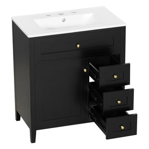 English Elm 30-Inch Freestanding Bathroom Vanity with Ceramic Sink MDF Cabinet and 3 Drawers Black N725P464938B
