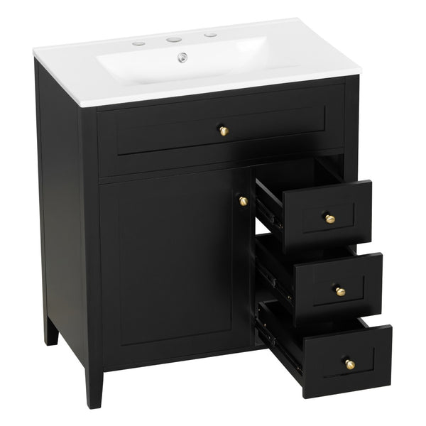 English Elm 30-Inch Freestanding Bathroom Vanity with Ceramic Sink MDF Cabinet and 3 Drawers Black N725P464938B