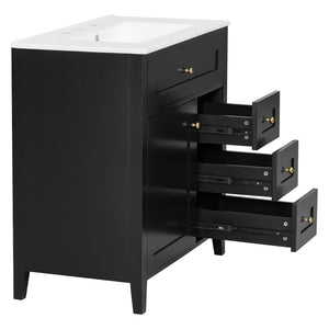 English Elm 30-Inch Freestanding Bathroom Vanity with Ceramic Sink MDF Cabinet and 3 Drawers Black N725P464938B
