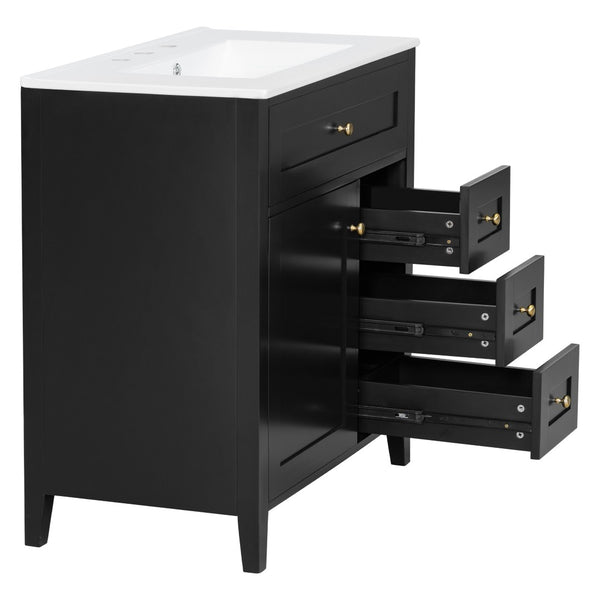 English Elm 30-Inch Freestanding Bathroom Vanity with Ceramic Sink MDF Cabinet and 3 Drawers Black N725P464938B