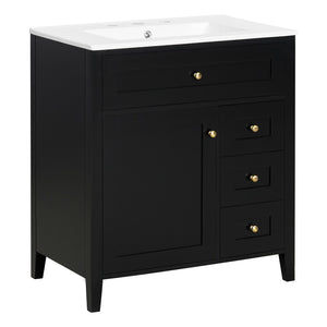 English Elm 30-Inch Freestanding Bathroom Vanity with Ceramic Sink MDF Cabinet and 3 Drawers Black N725P464938B
