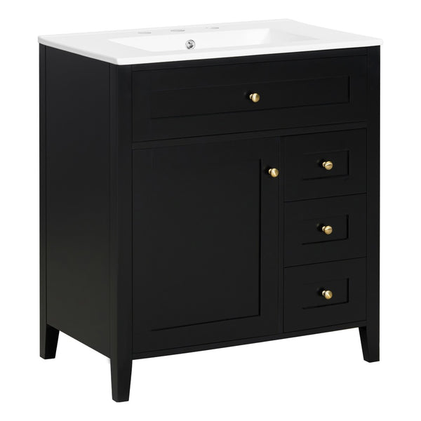 English Elm 30-Inch Freestanding Bathroom Vanity with Ceramic Sink MDF Cabinet and 3 Drawers Black N725P464938B
