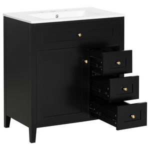 English Elm 30-Inch Freestanding Bathroom Vanity with Ceramic Sink MDF Cabinet and 3 Drawers Black N725P464938B