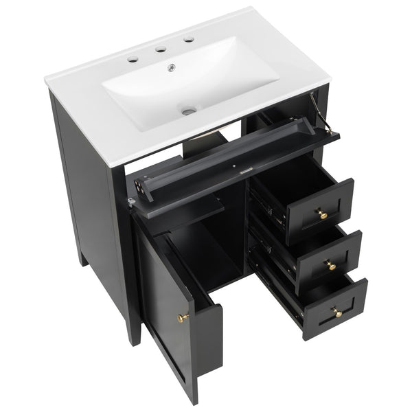 English Elm 30-Inch Freestanding Bathroom Vanity with Ceramic Sink MDF Cabinet and 3 Drawers Black N725P464938B