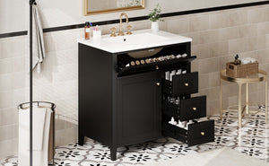 English Elm 30-Inch Freestanding Bathroom Vanity with Ceramic Sink MDF Cabinet and 3 Drawers Black N725P464938B