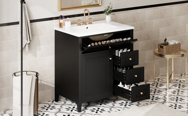 English Elm 30-Inch Freestanding Bathroom Vanity with Ceramic Sink MDF Cabinet and 3 Drawers Black N725P464938B