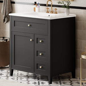 English Elm 30-Inch Freestanding Bathroom Vanity with Ceramic Sink MDF Cabinet and 3 Drawers Black N725P464938B
