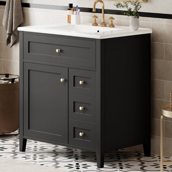 English Elm 30-Inch Freestanding Bathroom Vanity with Ceramic Sink MDF Cabinet and 3 Drawers Black N725P464938B