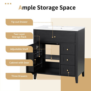 English Elm 30-Inch Freestanding Bathroom Vanity with Ceramic Sink MDF Cabinet and 3 Drawers Black N725P464938B