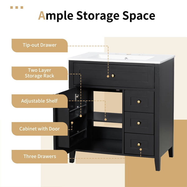 English Elm 30-Inch Freestanding Bathroom Vanity with Ceramic Sink MDF Cabinet and 3 Drawers Black N725P464938B