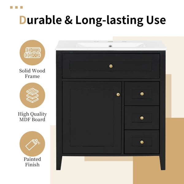 English Elm 30-Inch Freestanding Bathroom Vanity with Ceramic Sink MDF Cabinet and 3 Drawers Black N725P464938B
