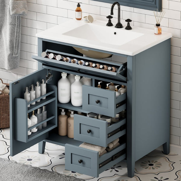 English Elm 30-Inch Freestanding Bathroom Vanity with Ceramic Sink MDF Cabinet and 3 Drawers Gray Blue N725P464938E