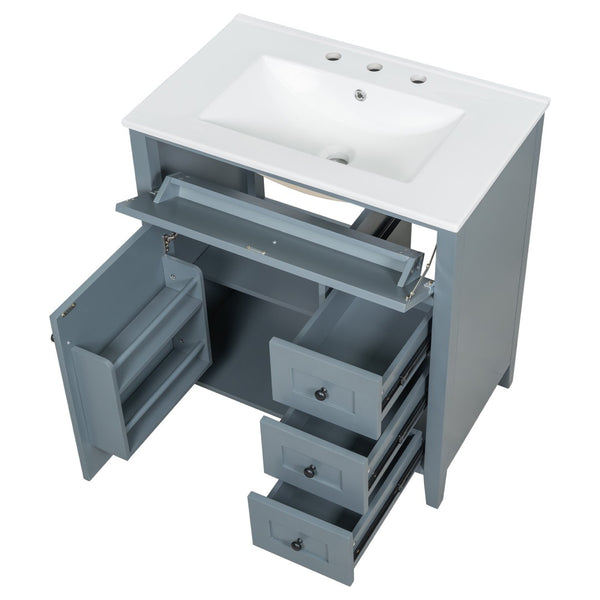 English Elm 30-Inch Freestanding Bathroom Vanity with Ceramic Sink MDF Cabinet and 3 Drawers Gray Blue N725P464938E