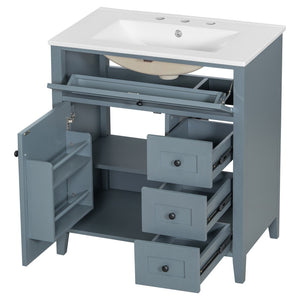English Elm 30-Inch Freestanding Bathroom Vanity with Ceramic Sink MDF Cabinet and 3 Drawers Gray Blue N725P464938E