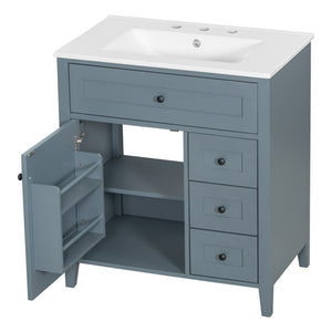 English Elm 30-Inch Freestanding Bathroom Vanity with Ceramic Sink MDF Cabinet and 3 Drawers Gray Blue N725P464938E