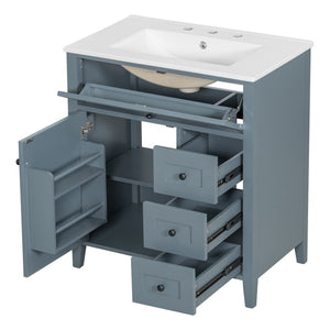 English Elm 30-Inch Freestanding Bathroom Vanity with Ceramic Sink MDF Cabinet and 3 Drawers Gray Blue N725P464938E