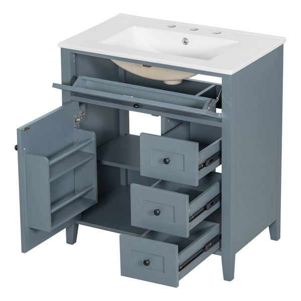 English Elm 30-Inch Freestanding Bathroom Vanity with Ceramic Sink MDF Cabinet and 3 Drawers Gray Blue N725P464938E