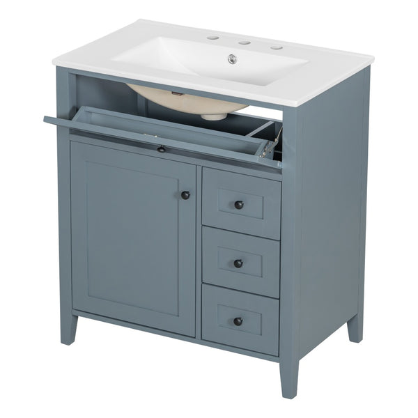 English Elm 30-Inch Freestanding Bathroom Vanity with Ceramic Sink MDF Cabinet and 3 Drawers Gray Blue N725P464938E