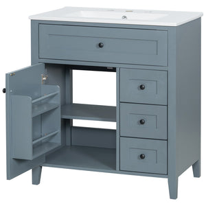 English Elm 30-Inch Freestanding Bathroom Vanity with Ceramic Sink MDF Cabinet and 3 Drawers Gray Blue N725P464938E