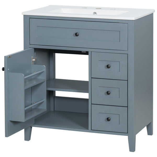 English Elm 30-Inch Freestanding Bathroom Vanity with Ceramic Sink MDF Cabinet and 3 Drawers Gray Blue N725P464938E
