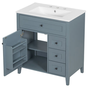 English Elm 30-Inch Freestanding Bathroom Vanity with Ceramic Sink MDF Cabinet and 3 Drawers Gray Blue N725P464938E