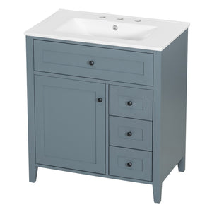 English Elm 30-Inch Freestanding Bathroom Vanity with Ceramic Sink MDF Cabinet and 3 Drawers Gray Blue N725P464938E