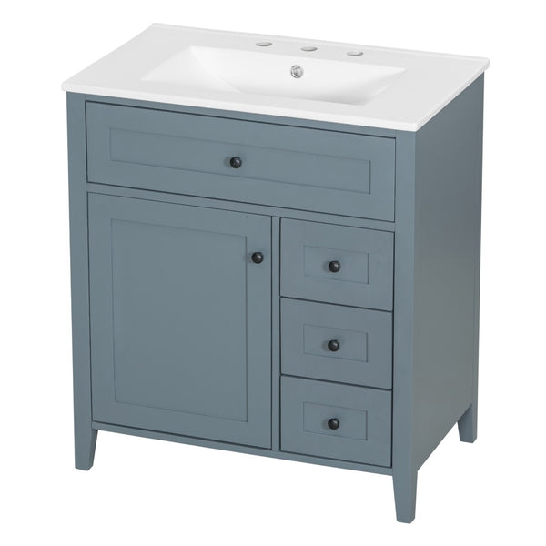 English Elm 30-Inch Freestanding Bathroom Vanity with Ceramic Sink MDF Cabinet and 3 Drawers Gray Blue N725P464938E