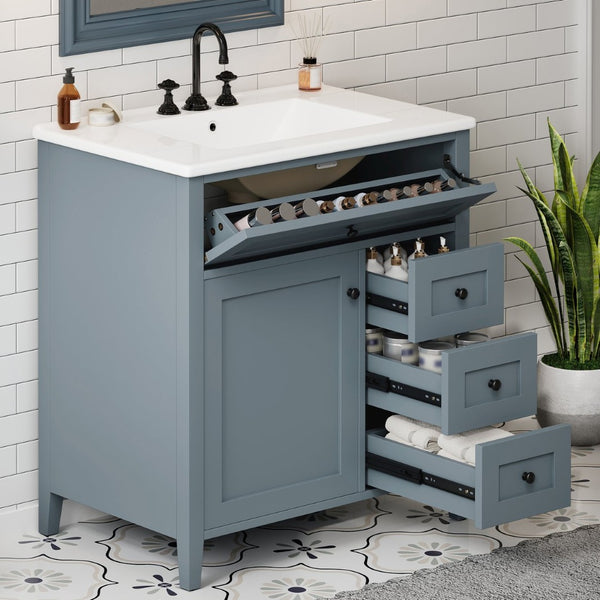 English Elm 30-Inch Freestanding Bathroom Vanity with Ceramic Sink MDF Cabinet and 3 Drawers Gray Blue N725P464938E