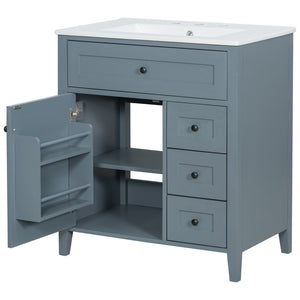English Elm 30-Inch Freestanding Bathroom Vanity with Ceramic Sink MDF Cabinet and 3 Drawers Gray Blue N725P464938E