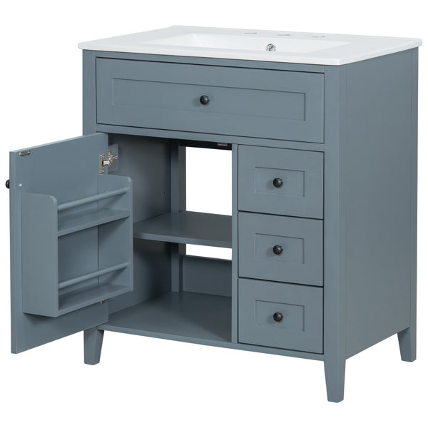 English Elm 30-Inch Freestanding Bathroom Vanity with Ceramic Sink MDF Cabinet and 3 Drawers Gray Blue N725P464938E