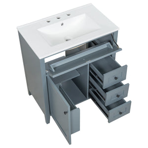 English Elm 30-Inch Freestanding Bathroom Vanity with Ceramic Sink MDF Cabinet and 3 Drawers Gray Blue N725P464938E