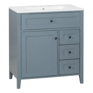 English Elm 30-Inch Freestanding Bathroom Vanity with Ceramic Sink MDF Cabinet and 3 Drawers Gray Blue N725P464938E
