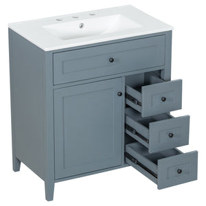 English Elm 30-Inch Freestanding Bathroom Vanity with Ceramic Sink MDF Cabinet and 3 Drawers Gray Blue N725P464938E