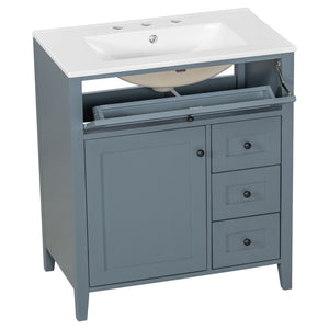 English Elm 30-Inch Freestanding Bathroom Vanity with Ceramic Sink MDF Cabinet and 3 Drawers Gray Blue N725P464938E