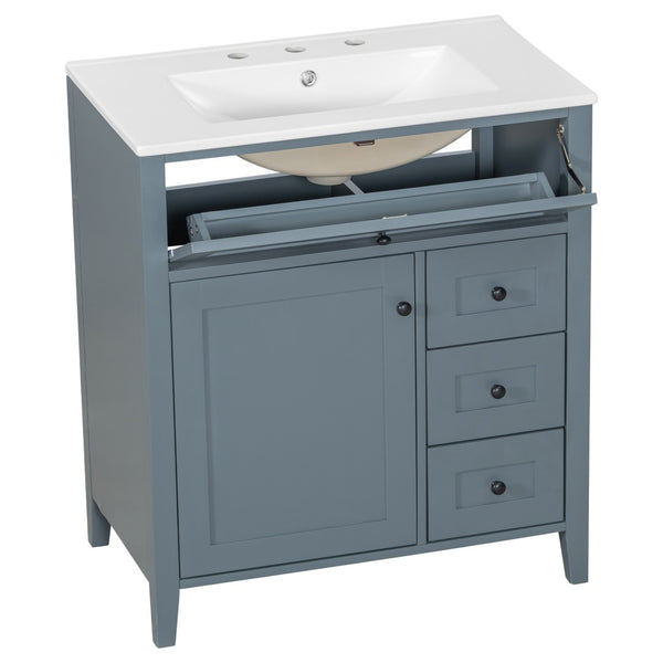 English Elm 30-Inch Freestanding Bathroom Vanity with Ceramic Sink MDF Cabinet and 3 Drawers Gray Blue N725P464938E