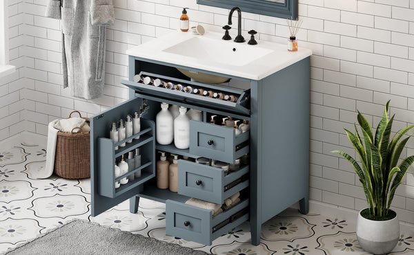 English Elm 30-Inch Freestanding Bathroom Vanity with Ceramic Sink MDF Cabinet and 3 Drawers Gray Blue N725P464938E