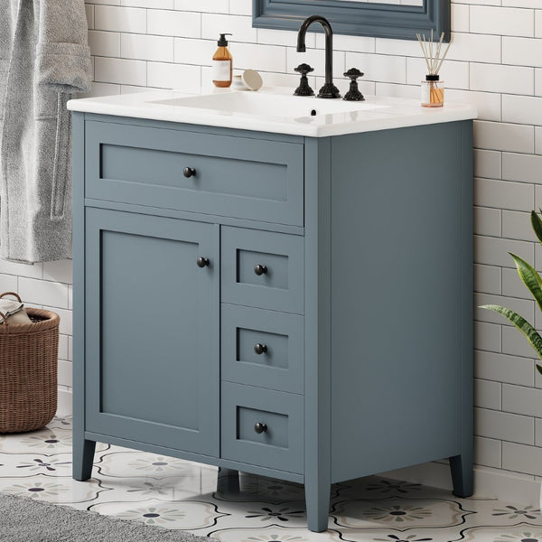 English Elm 30-Inch Freestanding Bathroom Vanity with Ceramic Sink MDF Cabinet and 3 Drawers Gray Blue N725P464938E