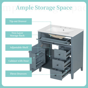 English Elm 30-Inch Freestanding Bathroom Vanity with Ceramic Sink MDF Cabinet and 3 Drawers Gray Blue N725P464938E