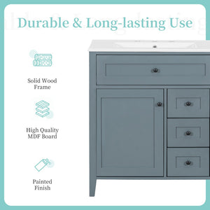 English Elm 30-Inch Freestanding Bathroom Vanity with Ceramic Sink MDF Cabinet and 3 Drawers Gray Blue N725P464938E